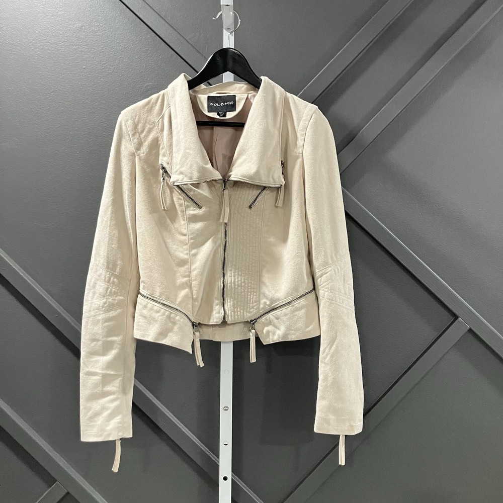 Solemio Cream Faux Leather Moto Jacket Zip Front Long Sleeve Women's Sz Large